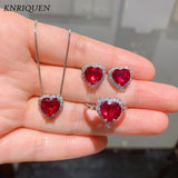 Vintage Heart-Shaped Ruby Diamond Necklace Earrings Ring Set