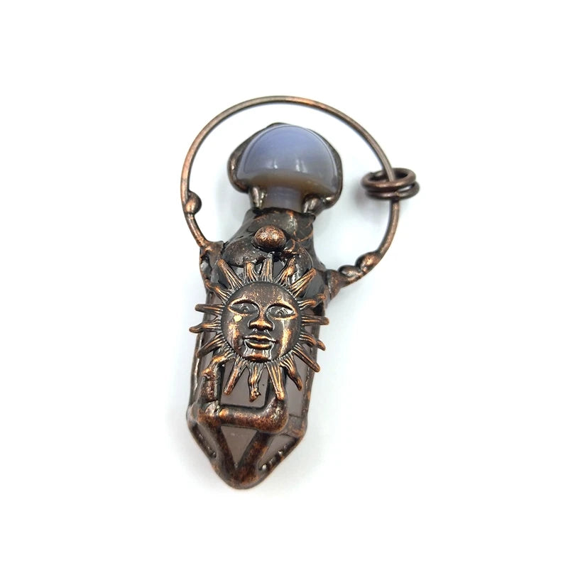 Vintage Hexagon Column Bronze Agate Rose Quartz Sun Face Pendant