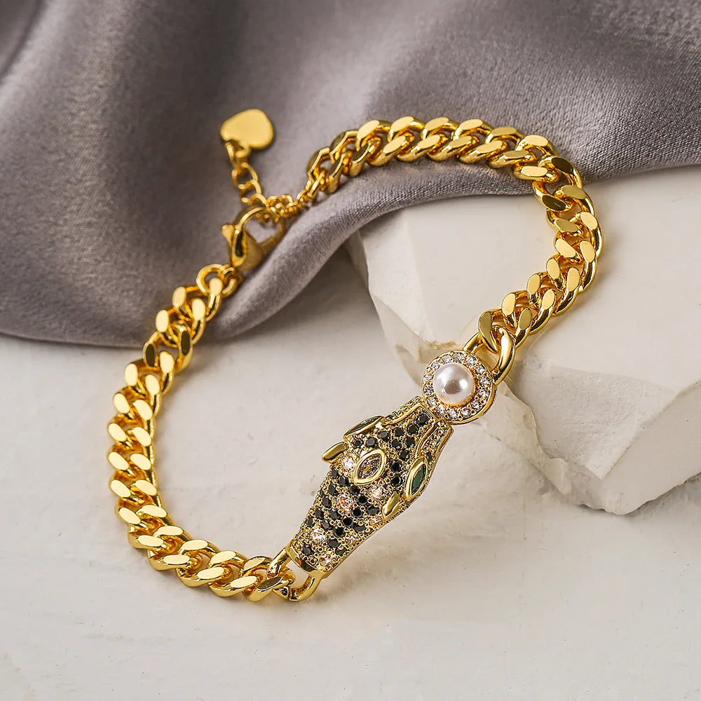 Vintage Hip-hop Leopard Bangles with AAA CZ Stone Row