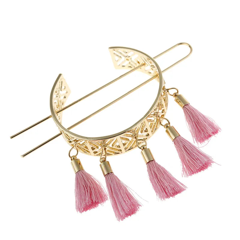 Vintage Red Tassel Hair Sticks for Women Boho Bun Golden Hair Pin