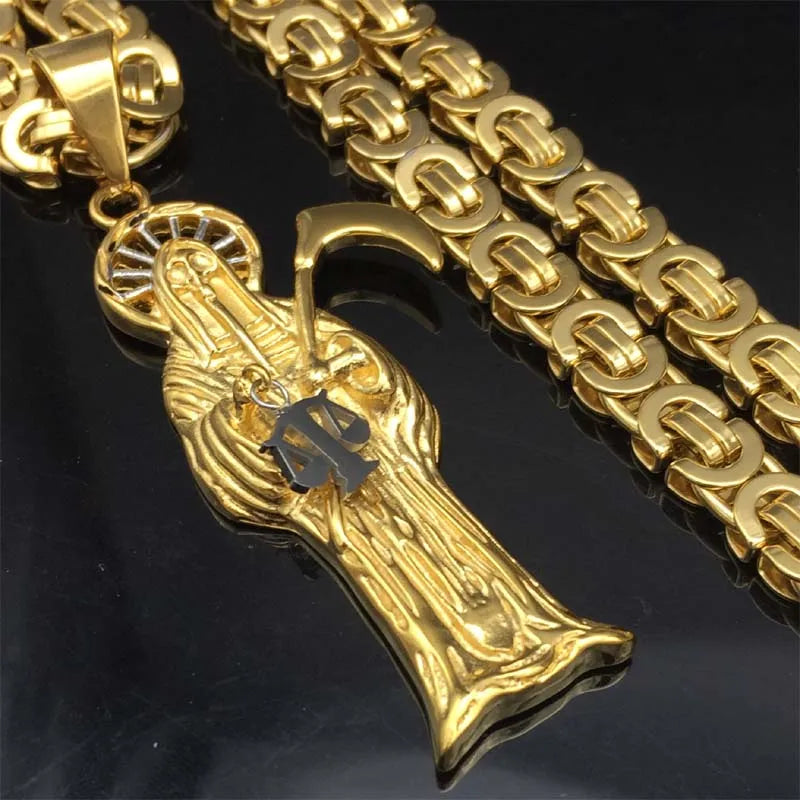 Vintage Santa Muerte Skull Pendant Necklace Stainless Steel