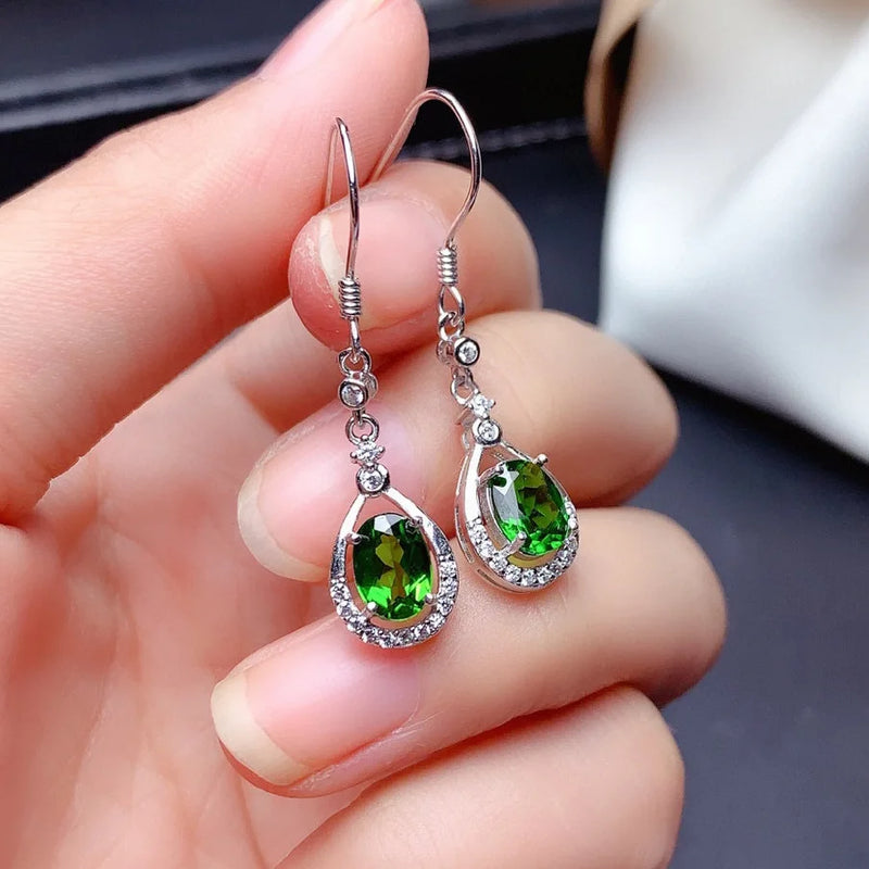 Vintage Hoop Earrings Green Stone 925 Silver Big Emerald Earrings Mother's Gift
