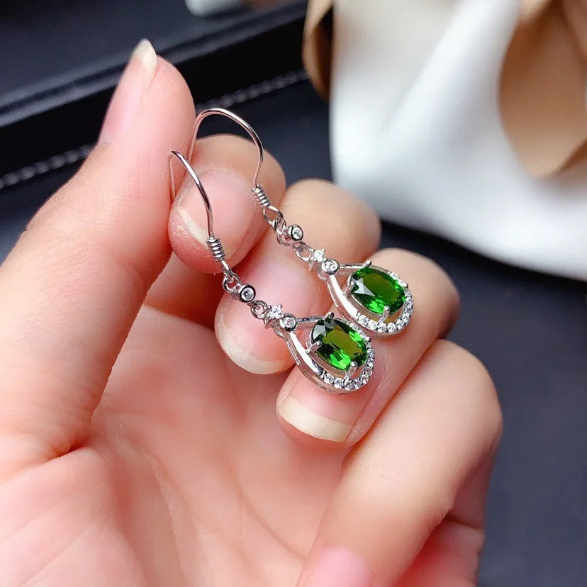 Vintage Hoop Earrings Green Stone 925 Silver Big Emerald Earrings Mother's Gift