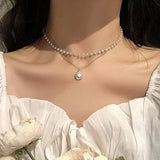 Vintage Pearls Choker Neck Double Layers Beads Jewelry Women Pendant