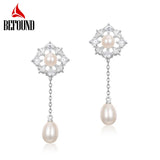 Vintage Pearls Dangle Earrings 925 Silver Plated Flower Drop Earrings