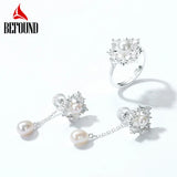 Vintage Pearls Dangle Earrings 925 Silver Plated Flower Drop Earrings
