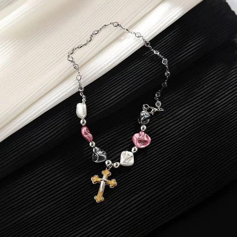 Vintage Pearl Cross Pendant Necklace For Women