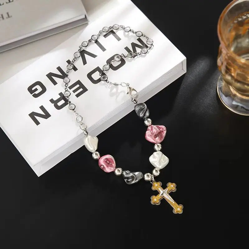 Vintage Pearl Cross Pendant Necklace For Women