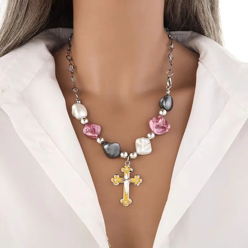 Vintage Pearl Cross Pendant Necklace For Women