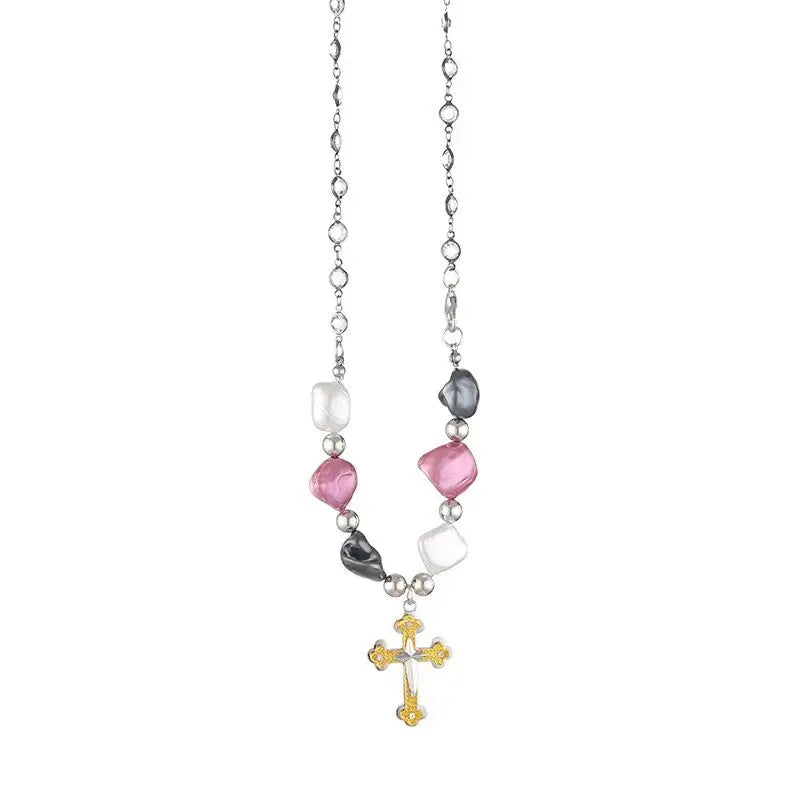 Vintage Pearl Cross Pendant Necklace For Women