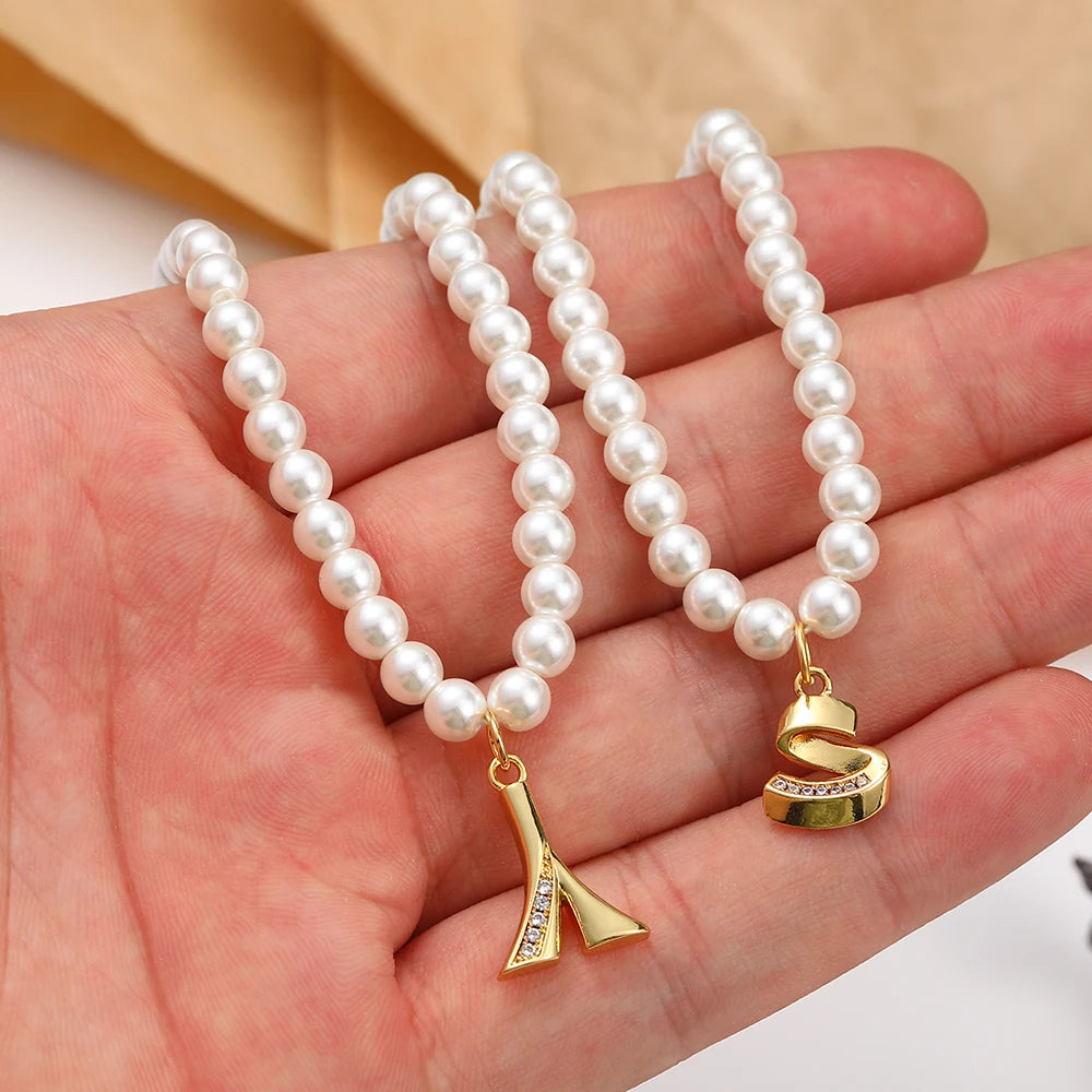 Vintage Initial Name Pearl Necklace Love Pendant Chain Collares Party Jewelry