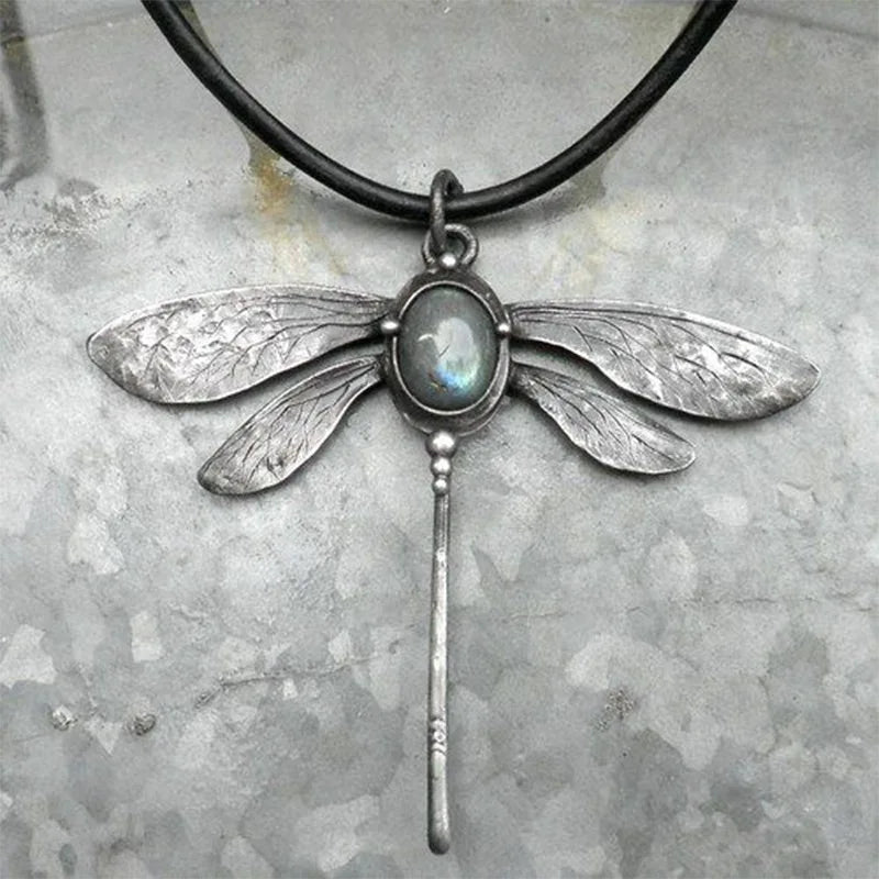 Vintage Dragonfly Moonstone Necklace Charm Leather Rope Choker