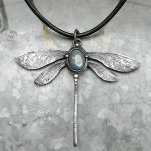Vintage Dragonfly Moonstone Necklace Charm Leather Rope Choker