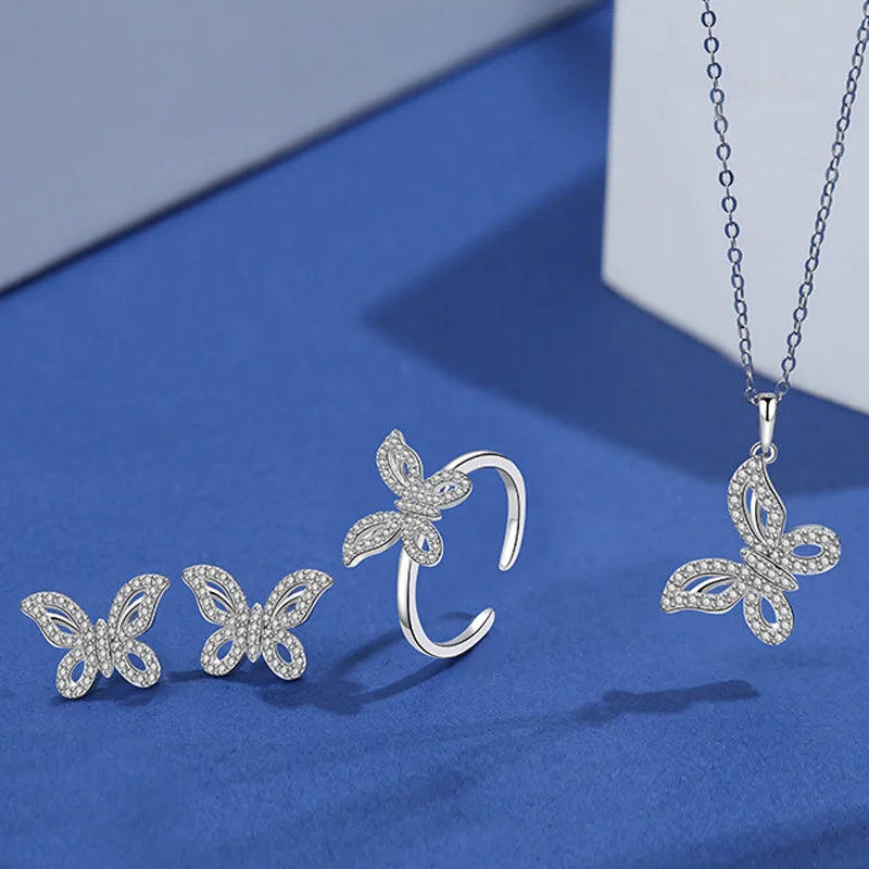 Vintage Butterfly Pendant Necklace Silver 925 Zircon Women Jewelry Set Gift