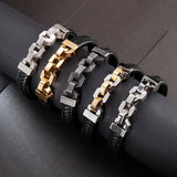 Vintage Stainless Steel Chain Antique Leather Bangle Bracelet for Men