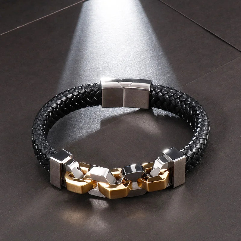 Vintage Stainless Steel Chain Antique Leather Bangle Bracelet for Men