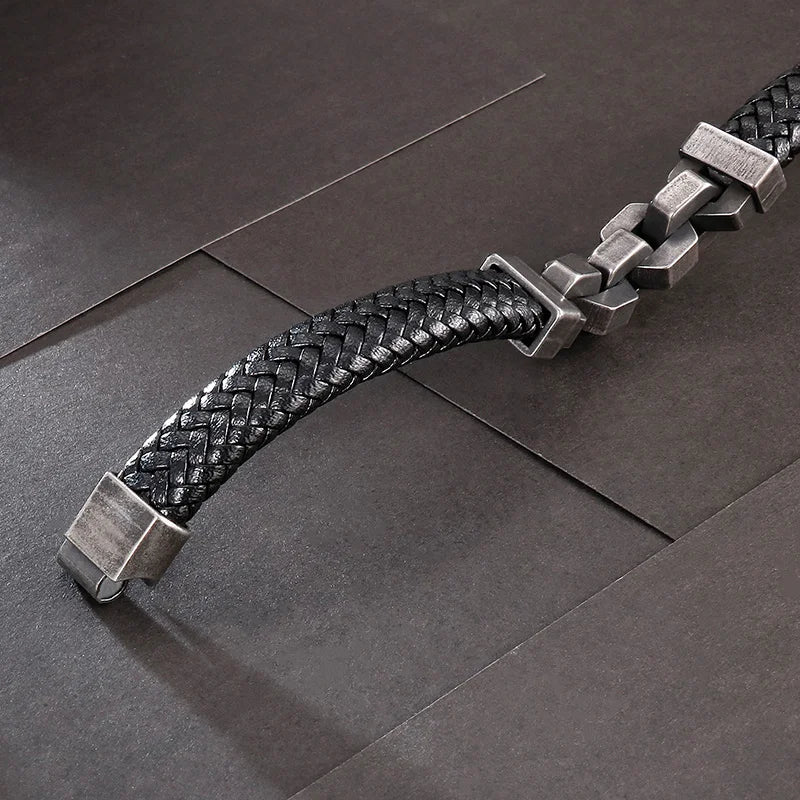 Vintage Stainless Steel Chain Antique Leather Bangle Bracelet for Men