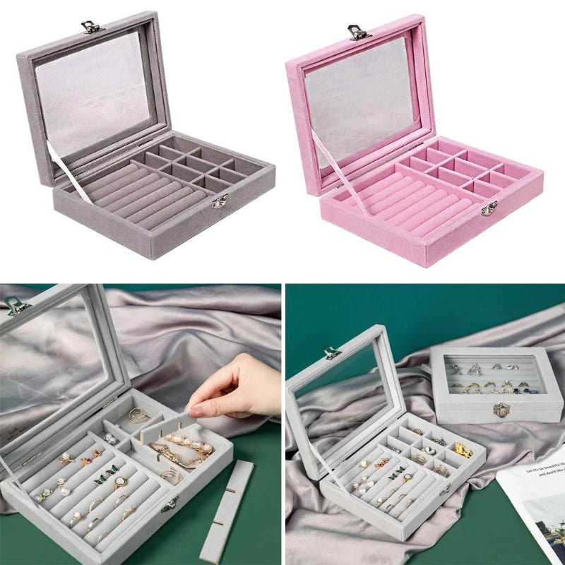 Vintage Jewelry Box Jewellery Display Organizer - Velvet-Clear Lid