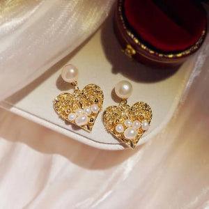 Vintage Heart Winding Beads Drop Earrings S925 Needles Pearls Fine Earring
