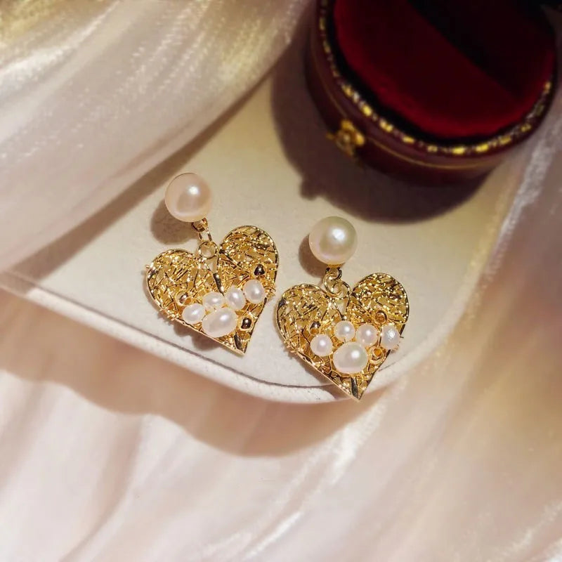 Vintage Heart Winding Beads Drop Earrings S925 Needles Pearls Fine Earring