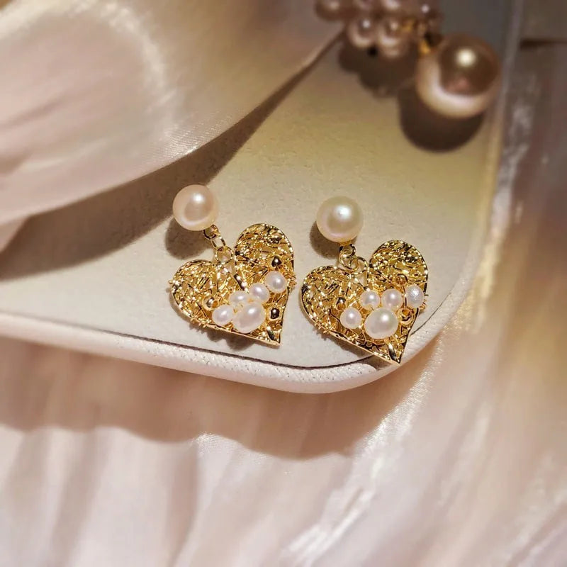 Vintage Heart Winding Beads Drop Earrings S925 Needles Pearls Fine Earring