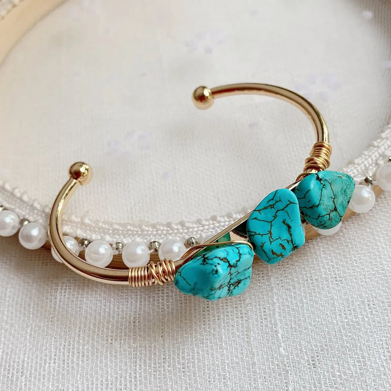 Vintage Turquoise Stone Bracelet Wire Wrap Open Cuff Bangle