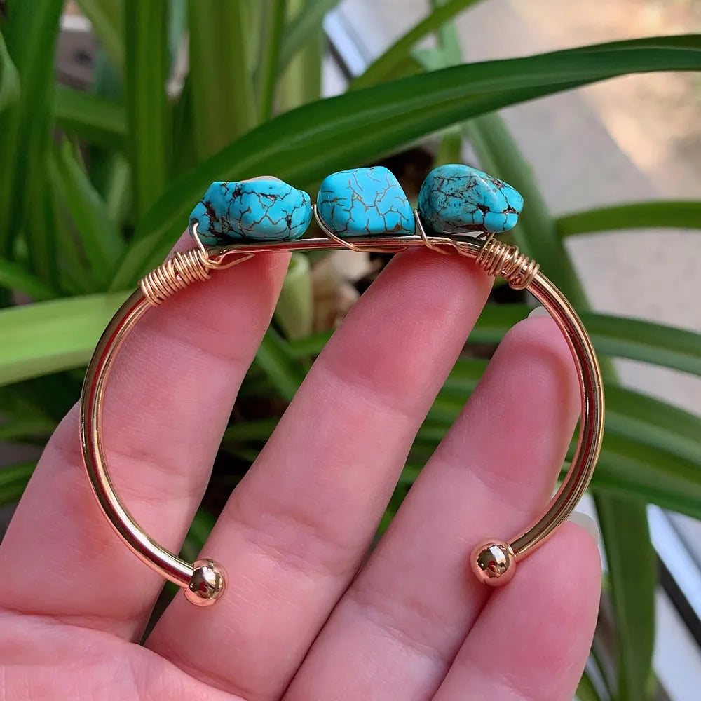Vintage Turquoise Stone Bracelet Wire Wrap Open Cuff Bangle
