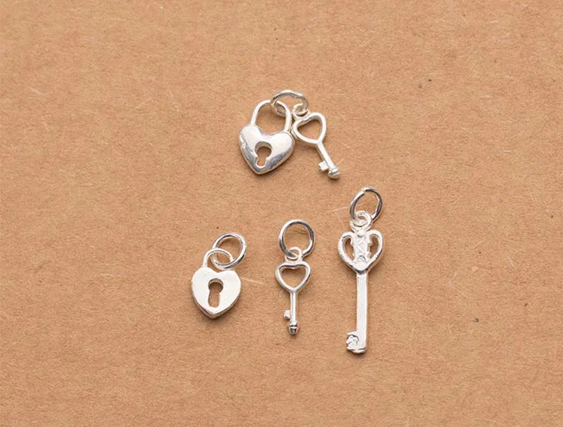 Vintage Key And Lock 925 Sterling Silver Charms DIY Jewelry Making