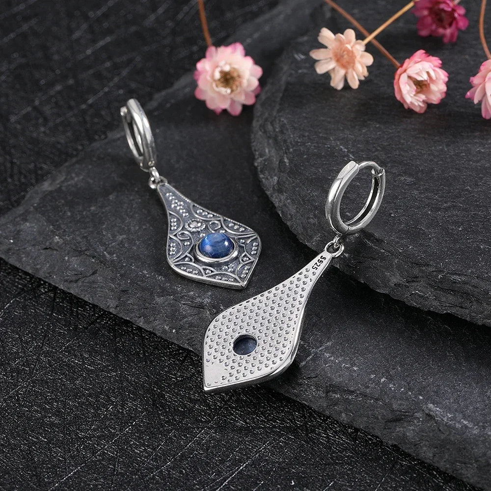 Vintage Kyanite 925 Silver Long Drop Earrings Natural Moonstone Wedding Gift