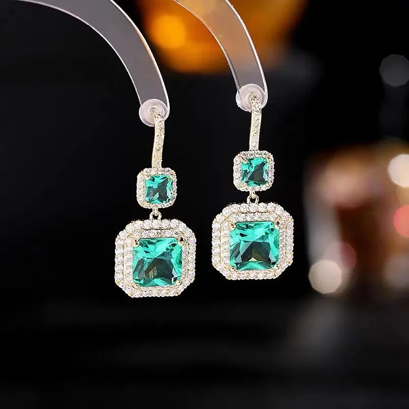 Vintage Lab Emerald Dangle Earrings 925 Silver Wedding Drop Earrings