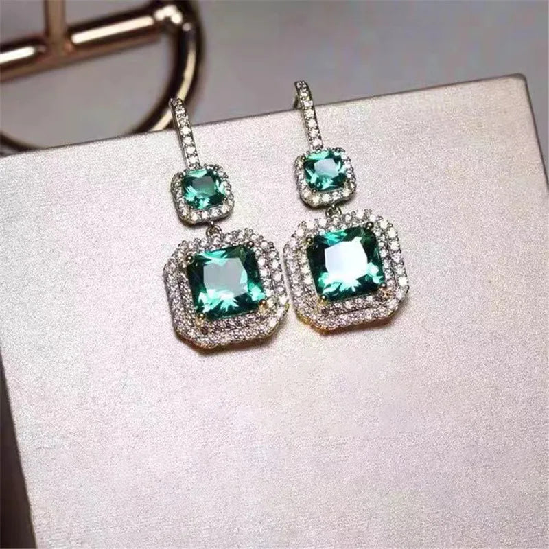 Vintage Lab Emerald Dangle Earrings 925 Silver Wedding Drop Earrings