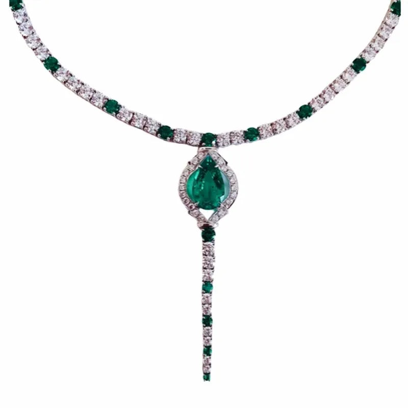 Vintage Lab Emerald Diamond Necklace 925 Sterling Silver