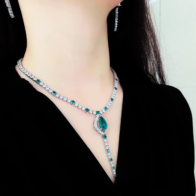 Vintage Lab Emerald Diamond Necklace 925 Sterling Silver