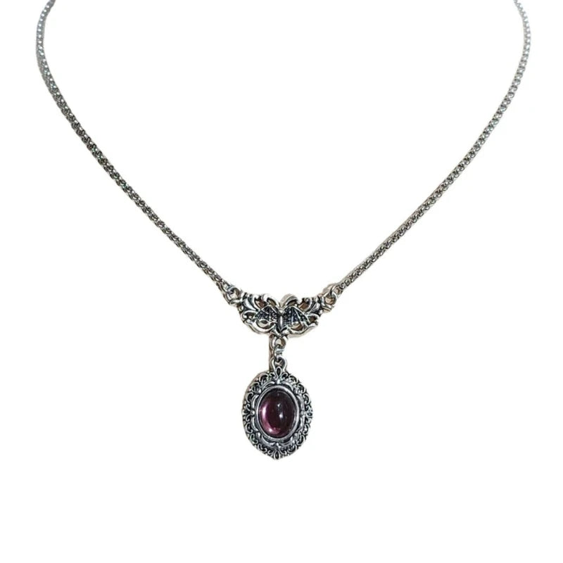 Vintage Lace Victorian Necklace Gothic Choker Purple Crystal Pendant