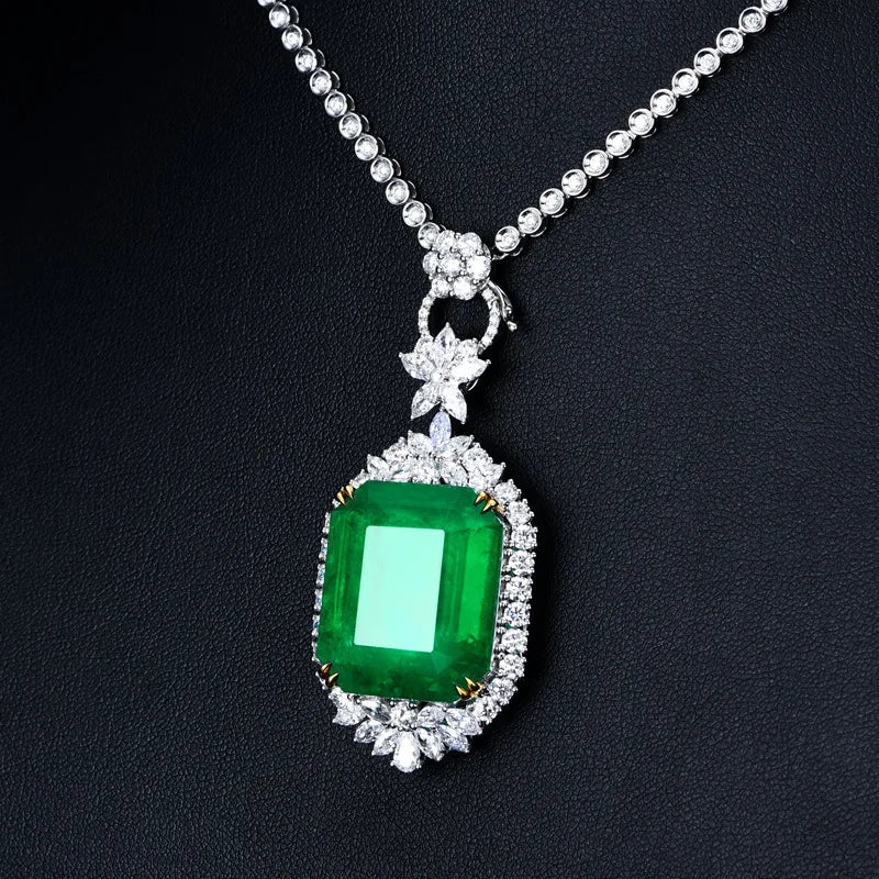 Vintage Green Square CZ Pendant Necklace Flower Jewelry