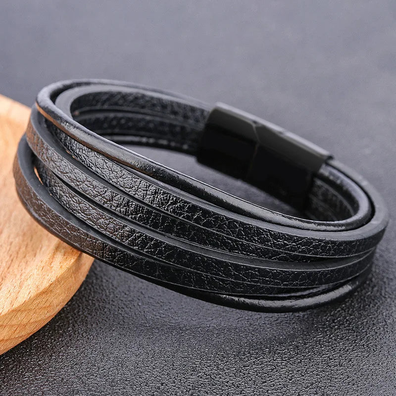 Vintage Leather Bracelet for Men Multi-Layer Retro Magnetic Clasp