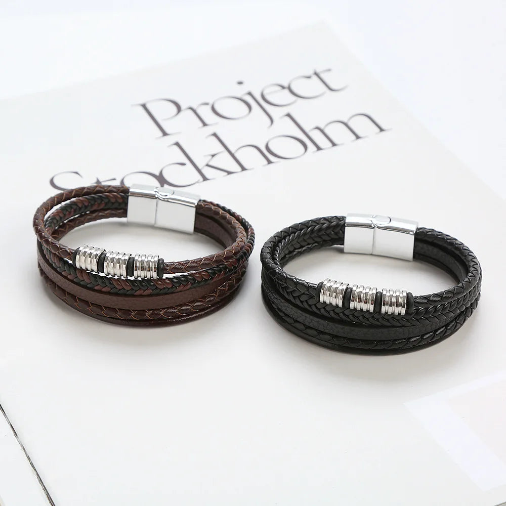 Vintage Leather Bracelet for Men Multi-Layer Retro Magnetic Clasp