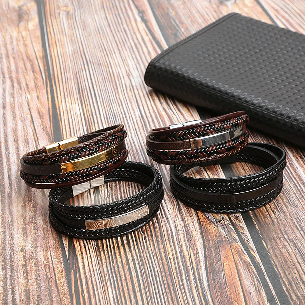 Vintage Leather Bracelet for Men Multi-Layer Retro Magnetic Clasp