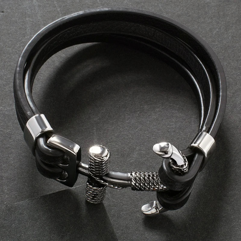 Vintage Leather Bracelet Cross Anchor Men's Wrist Band
