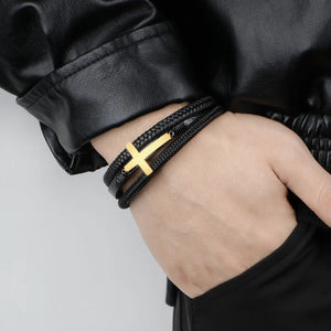 Vintage Leather Bracelet Men Cross Magnetic Clasp Multi-layer