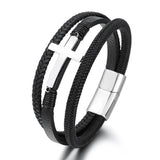 Vintage Leather Bracelet Men Cross Magnetic Clasp Multi-layer