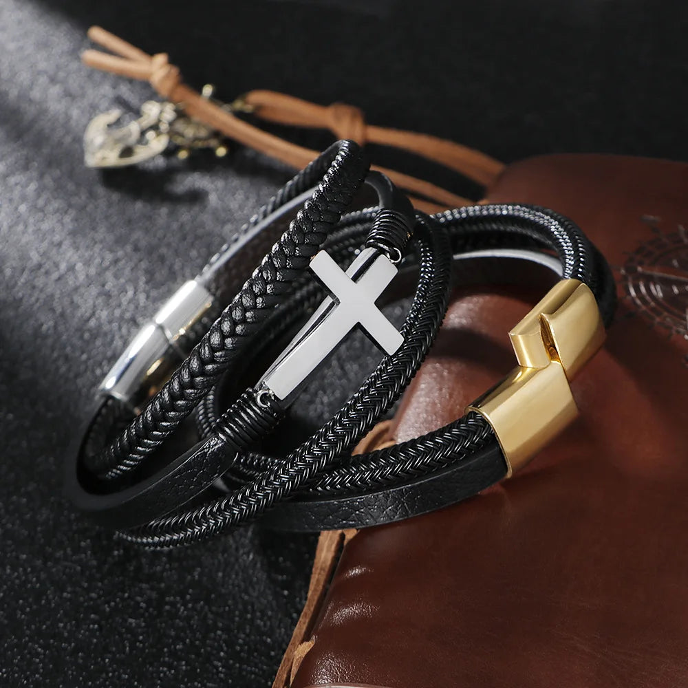 Vintage Leather Bracelet Men Cross Magnetic Clasp Multi-layer