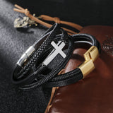 Vintage Leather Bracelet Men Cross Magnetic Clasp Multi-layer