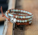 Vintage Leather Bracelet 6MM Matte Amazonite 3 Strands Woven Wrap