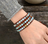 Vintage Leather Bracelet 6MM Matte Amazonite 3 Strands Woven Wrap