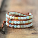 Vintage Leather Bracelet 6MM Matte Amazonite 3 Strands Woven Wrap