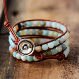 Vintage Leather Bracelet 6MM Matte Amazonite 3 Strands Woven Wrap