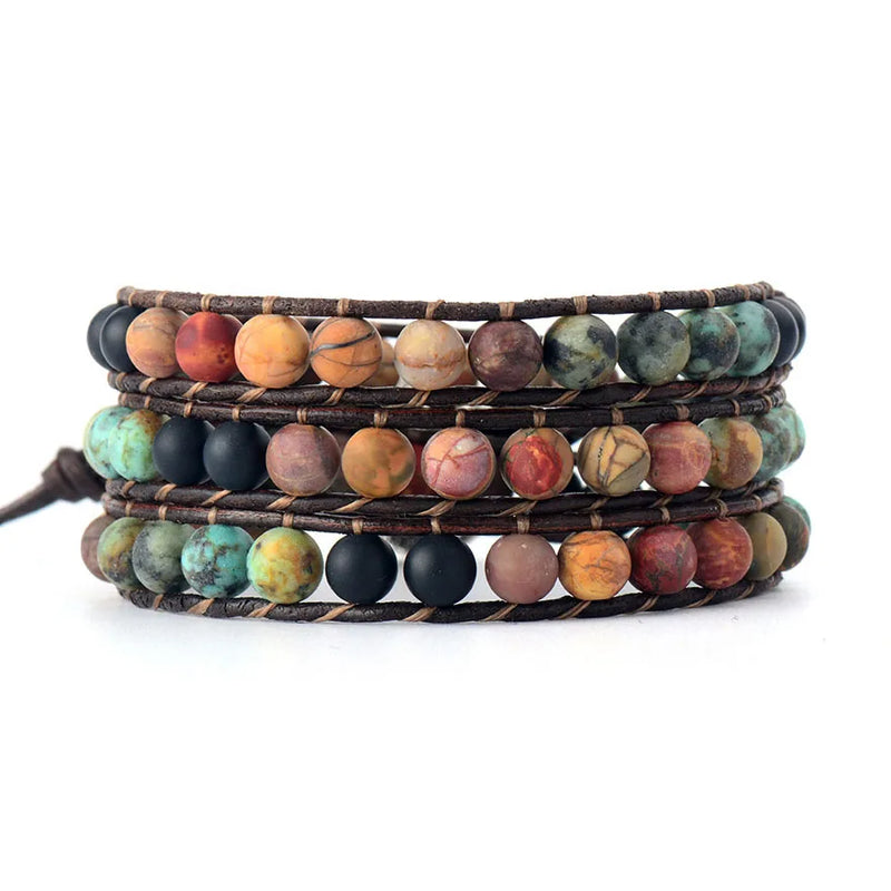 Vintage Leather Bracelets 6MM Matte Stone 3 Strands Wrap Bracelets Woven