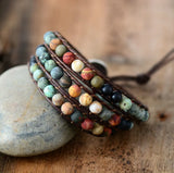 Vintage Leather Bracelets 6MM Matte Stone 3 Strands Wrap Bracelets Woven
