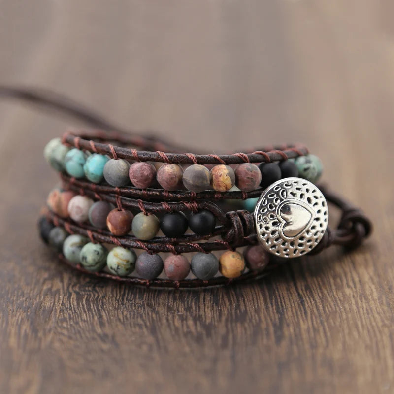 Vintage Leather Bracelets 6MM Matte Stone Wrap Bracelets Women